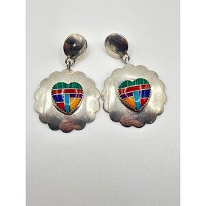 Native American Zuni Inlay Heart Dangle Earrings In Sterling Silver 925
